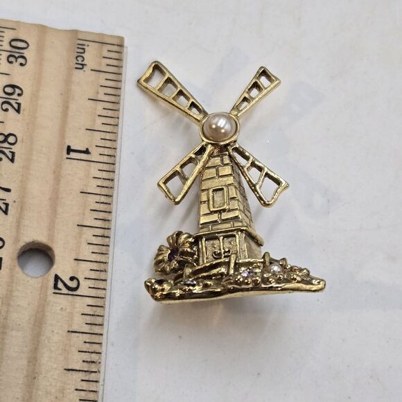 Vintage 1928 Windmill Standing Brooch Pin Faux Pearl Rhinestone Gold Tone Rare - Picture 4 of 4